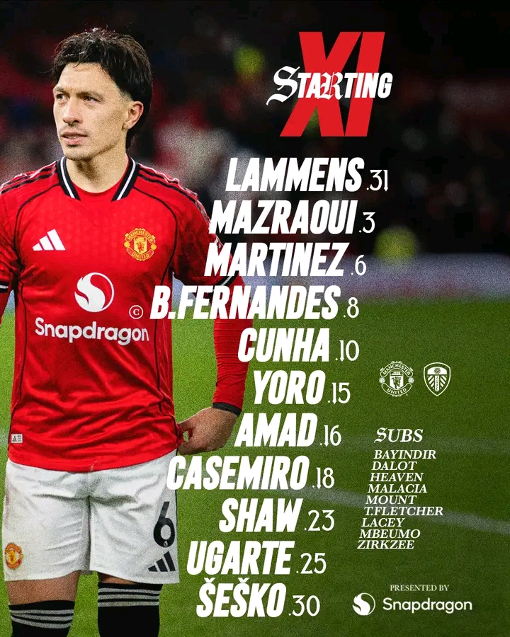 التشكيل الرسمي للفريق الأول لكرة القدم بنادي مانشستر يونايتد الإنجليزي والذي يستعد لمواجهة ليدز اليوم الإثنين في تمام الساعة التاسعة مساءً بتوقيت القاهرة العاشرة مساءً بتوقيت مكة المكرمة حيث بطولة الدوري&nbsp;