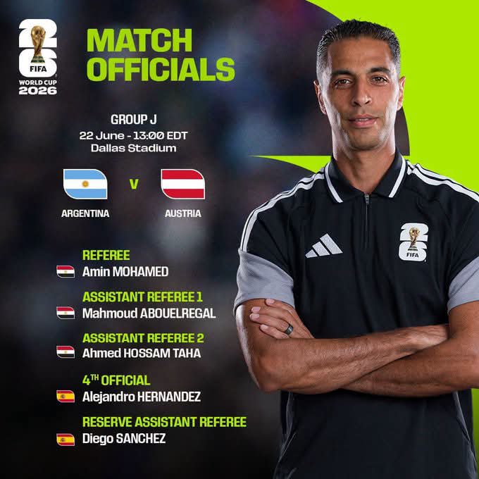 الفيفا يعلن تعيين أمين عمر لإدارة مباراة الأرجنتين والنمسا في كأس العالم 2026 المقاة في الولايات المتحدة الأمريكية والمكسيك وكندا